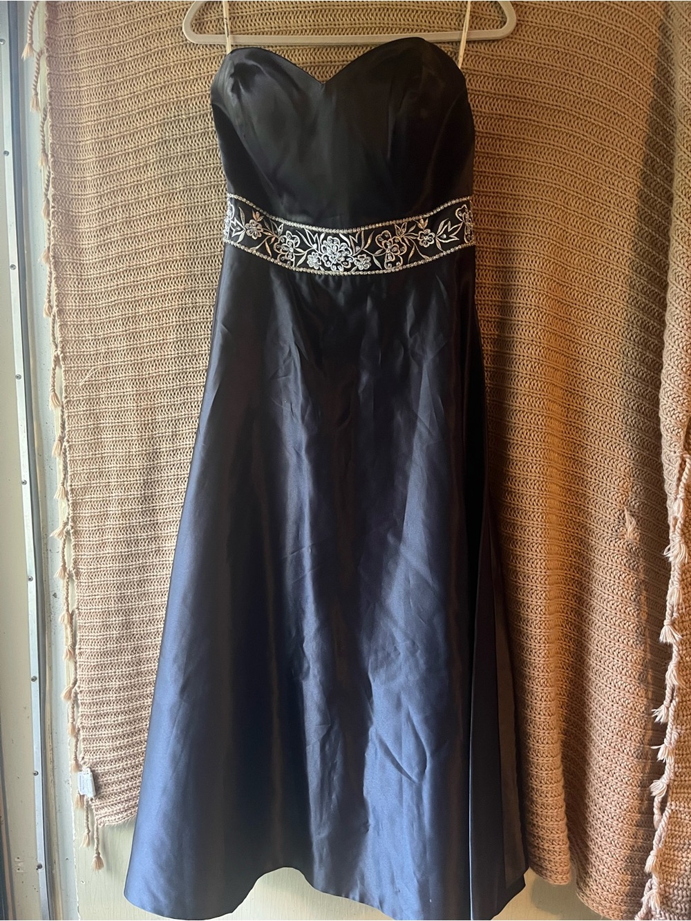 Strapless Black Formal Dress with Embroidered Waist
